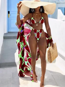 3 Piece Floral Leaf Bikini Top Swim Bottom Cover Up