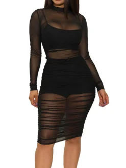 3 Piece Long Sleeve Ruched Sheer Mesh Bodycon Dress