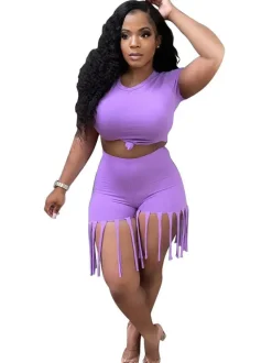 2 Piece Plus Size Knot Front Short Sleeve Top Tassels Shorts