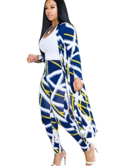 2 Pieces Stripe Print Cardigan Cover-Up+Pants