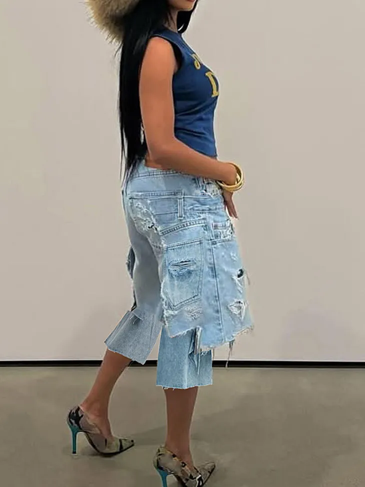 Asymmetrical Distressed Denim Capri Pants