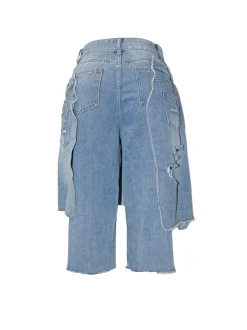 Asymmetrical Distressed Denim Capri Pants