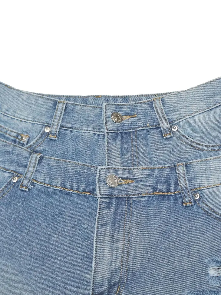 Asymmetrical Distressed Denim Capri Pants