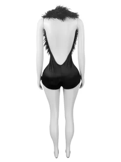 Backless Halter Faux Fur Trim Romper