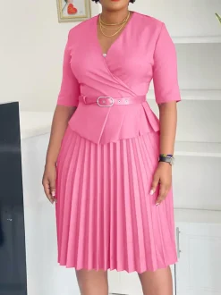 Belted Blazer Pleated Midi Dress