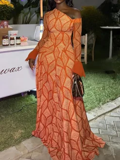 Boho Asymmetric Neck Geometric Maxi Dress