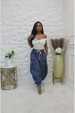 Bow Tie Elastic Waist Loose Jeans