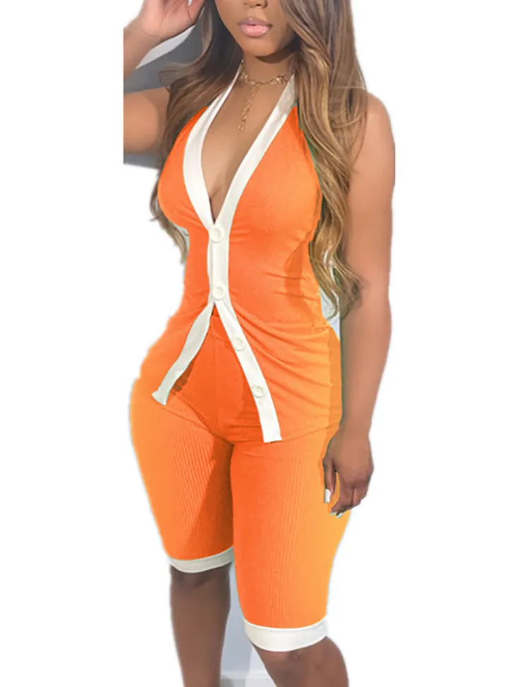 Button Down Tank Crop Top Shorts Sets