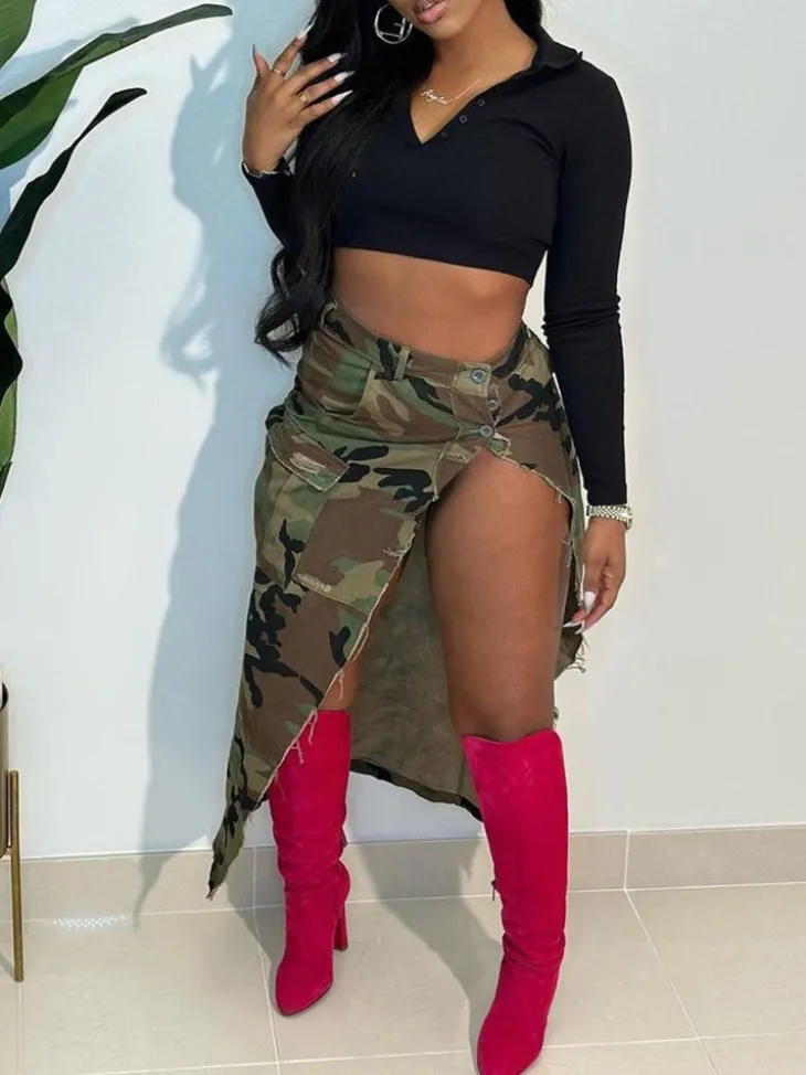 Camouflage Utility Pockets Split Skirt