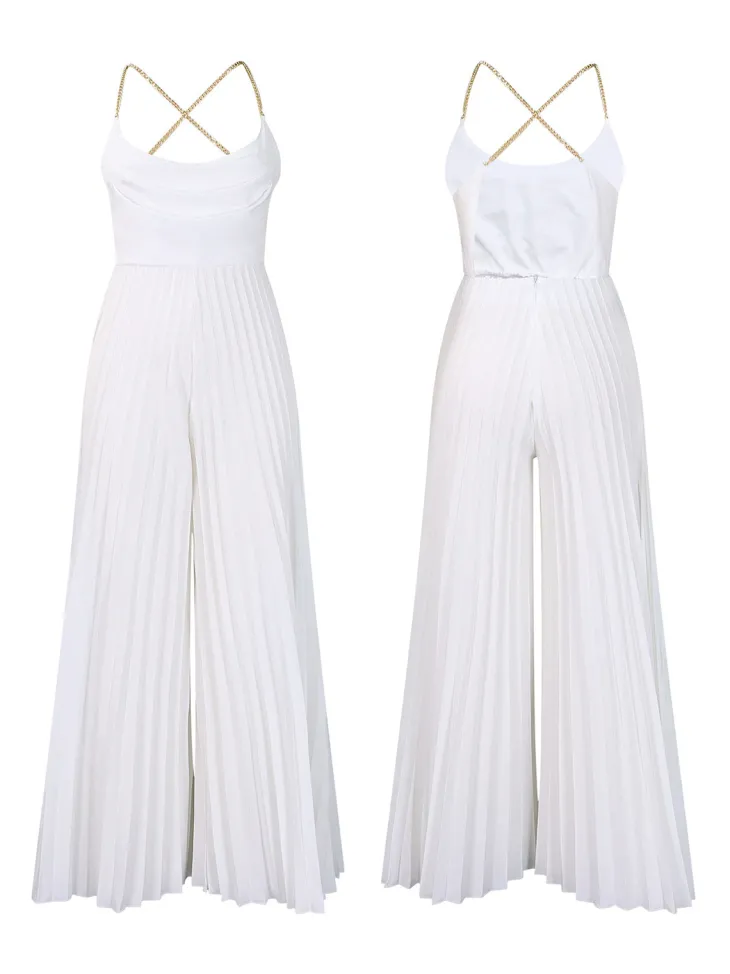 Chain Halter Backless Pleated Jumpsuit