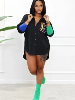 Color Block Letter Embroidery Button Down Shirts
