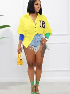 Color Block Letter Embroidery Button Down Shirts