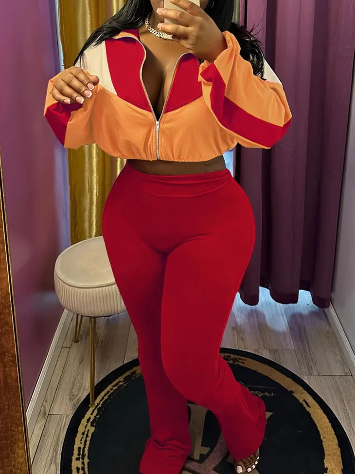 Color Block Zipper Jacket and Pants Set