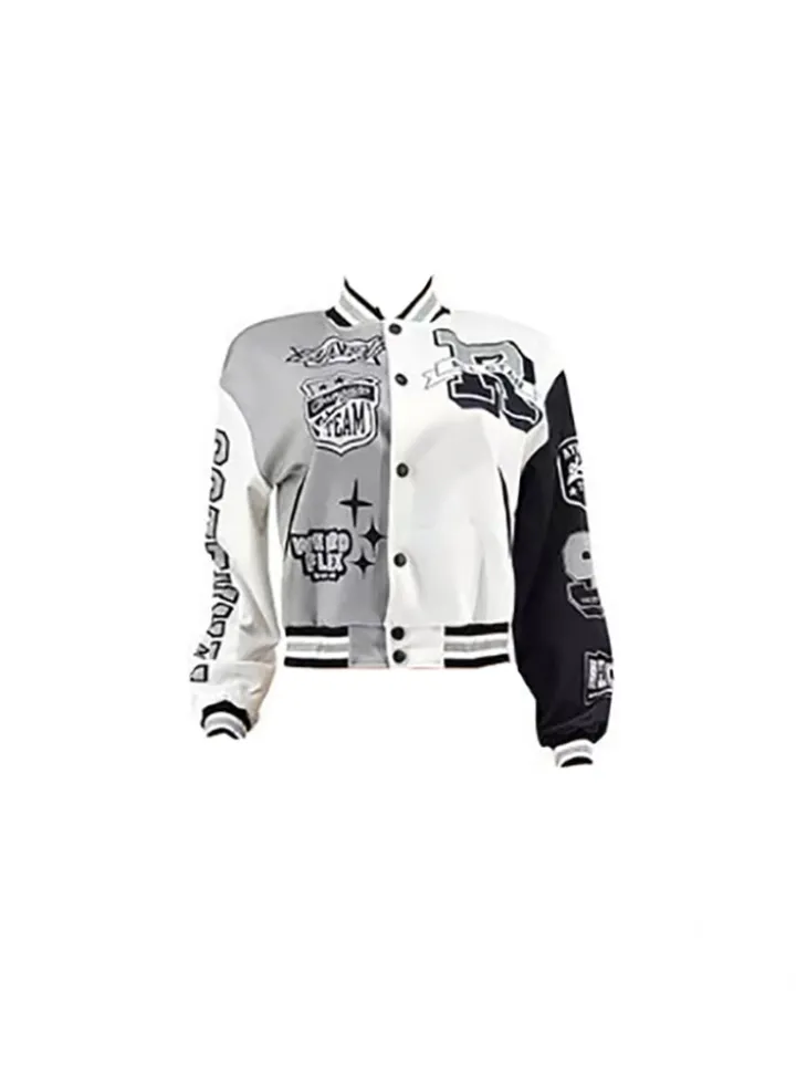 Colorblock Letter Print Baseball Jacket