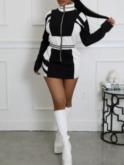Colorblock Zip Jacket Long Sleeve Dress