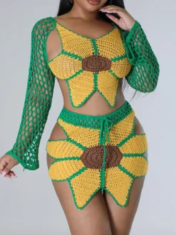 Crochet Sunflower Beach Skirt Set