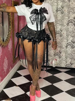 3D Butterfly Print Loose Top u0026 Lace Shorts Set