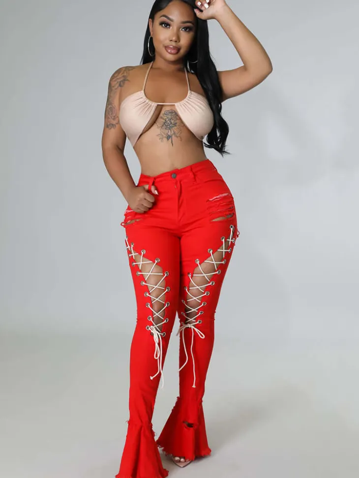 Denim Criss Cross Ripped Bodycon Flare Jeans