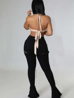 Denim Criss Cross Ripped Bodycon Flare Jeans