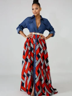 Denim Long Sleeve Plaid Patchwork Maxi Dress