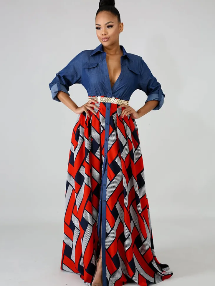 Denim Long Sleeve Plaid Patchwork Maxi Dress