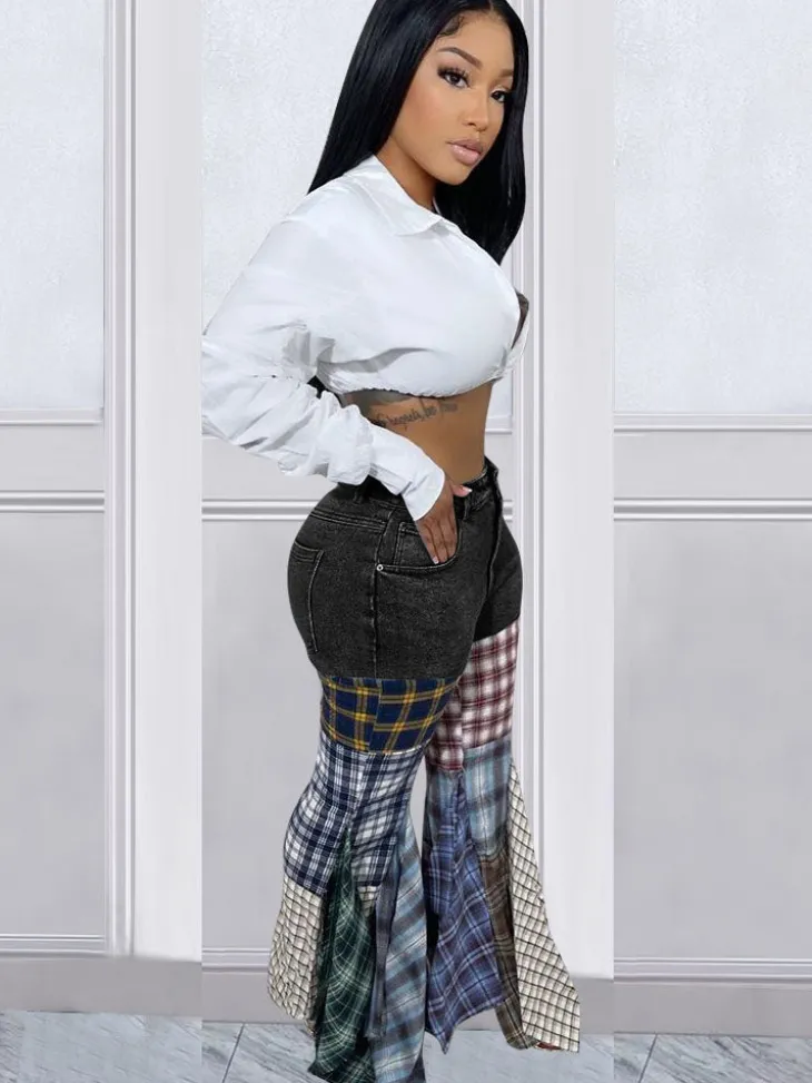 Denim Plaid Print Pacthwork Jeans
