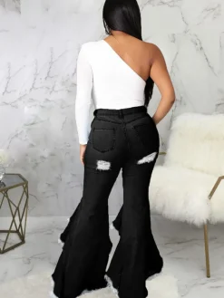 Denim Ripped Ruffle Hem Long Jeans