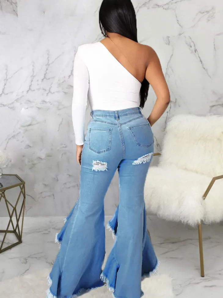 Denim Ripped Ruffle Hem Long Jeans