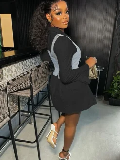 Denim Vest Flared Sleeve Mini Shirt Dress Set
