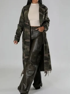 Distressed Camouflage Long Trench Coat