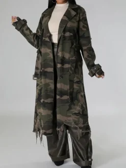 Distressed Camouflage Long Trench Coat