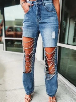 Distressed Rhinestone Chain Straight Leg Jeans