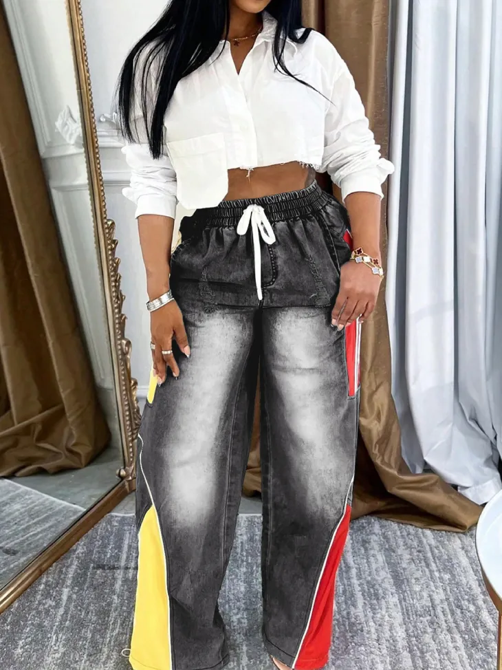 Drawstring High Waist Color Block Jeans
