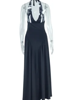 Elegant Halter Neck Solid Color Dress