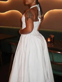 Elegant Halter Neck Solid Color Dress