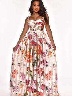 Elegant Sheer Mesh Patchwork Floral Print Beach Dress