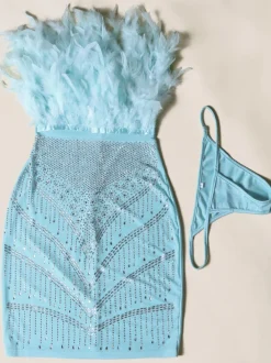 Feather Rhinestone Strapless Mini Dress