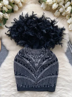 Feather Rhinestone Strapless Mini Dress