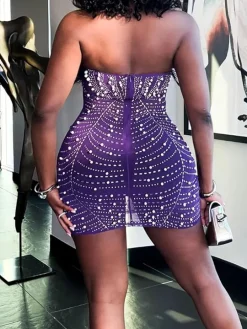 Feather Rhinestone Strapless Mini Dress