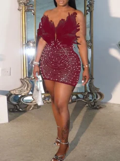 Feather Rhinestone Strapless Mini Dress