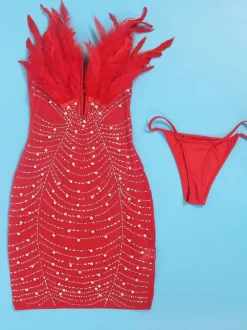 Feather Rhinestone Strapless Mini Dress