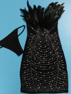 Feather Rhinestone Strapless Mini Dress
