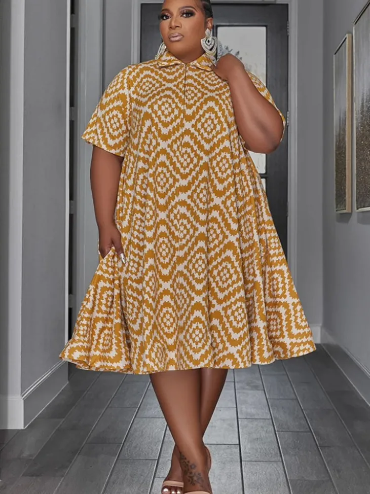 Flowy Plus Size Shirt Collar Short Sleeve Midi Dress
