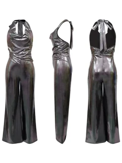 Glitter Halter Cowl Neck Backless Jumpsuit