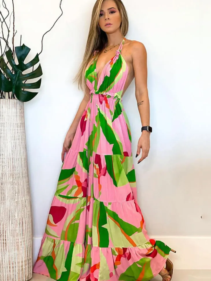 Halter Neck Backless Floral Print Maxi Dressses