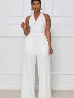 Halter Neck Backless Lace Up Wide Leg Jumpsuit