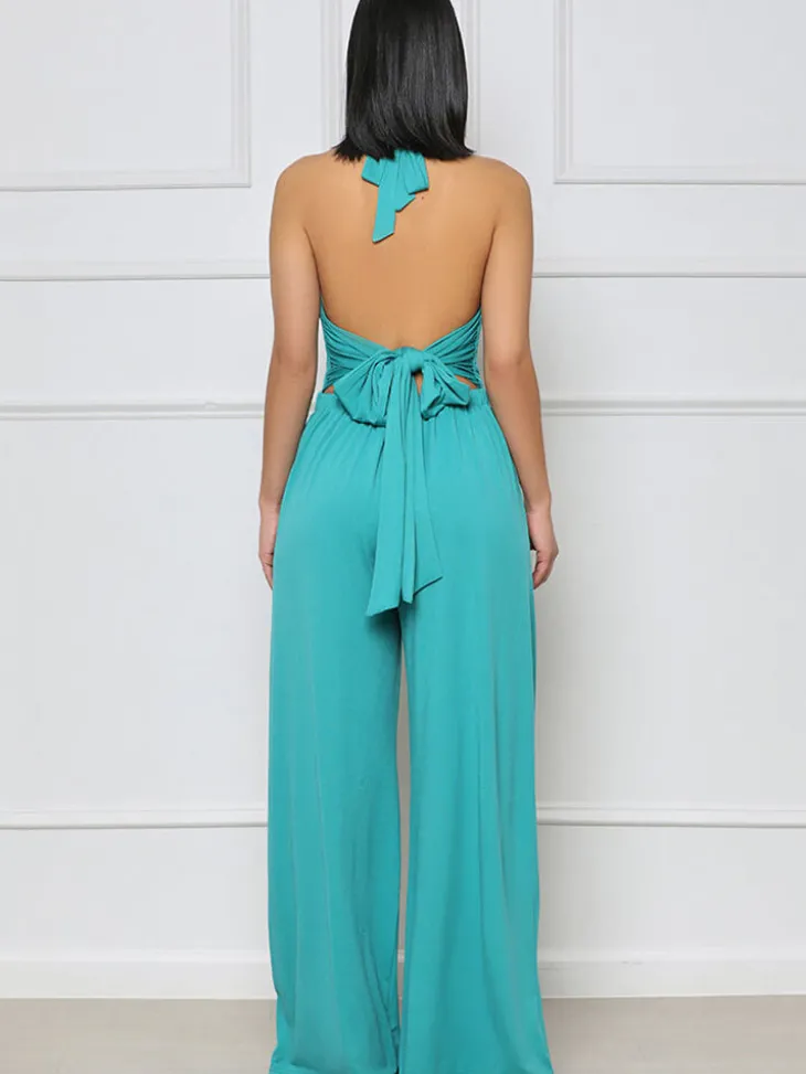Halter Neck Backless Lace Up Wide Leg Jumpsuit