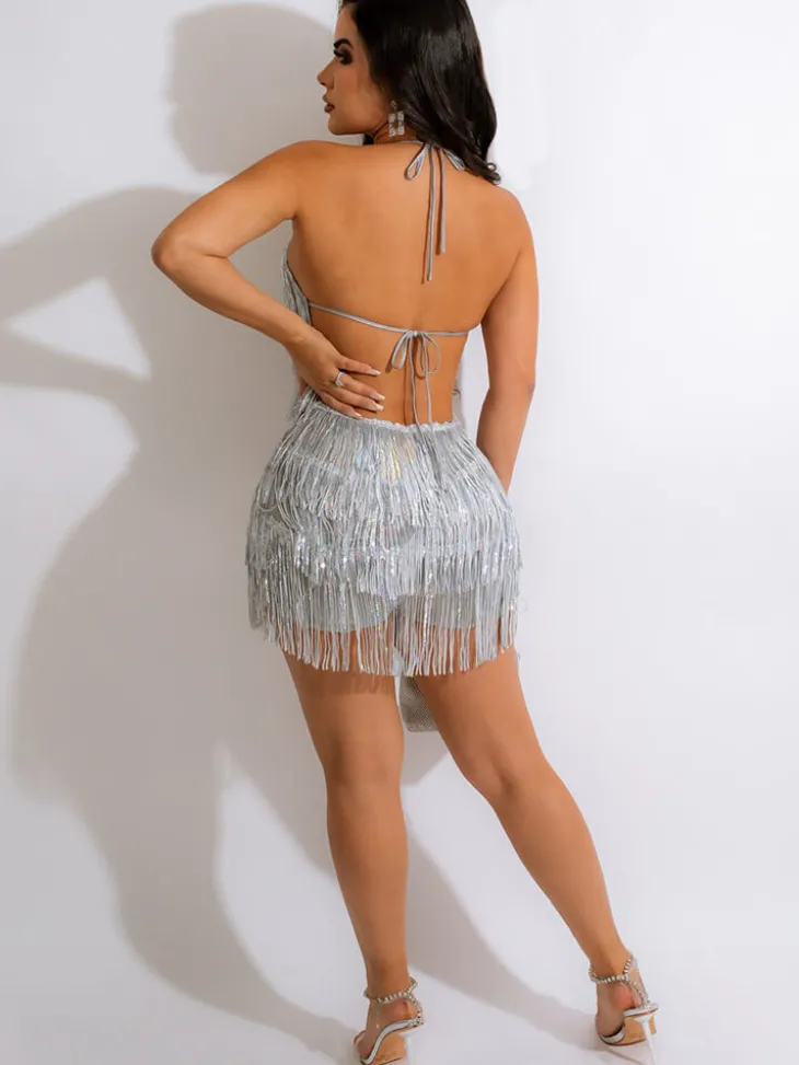 Halter Neck Sleeveless Sequin Tassel Romper