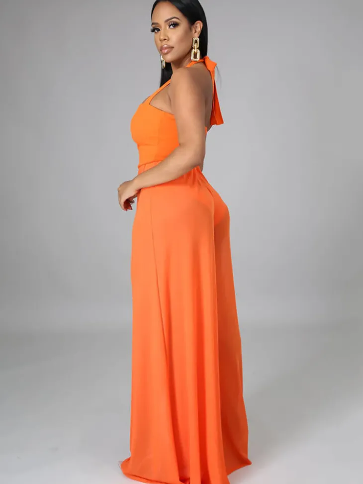Halter Neck Strap Sheer Mesh Wide Leg Jumpsuit