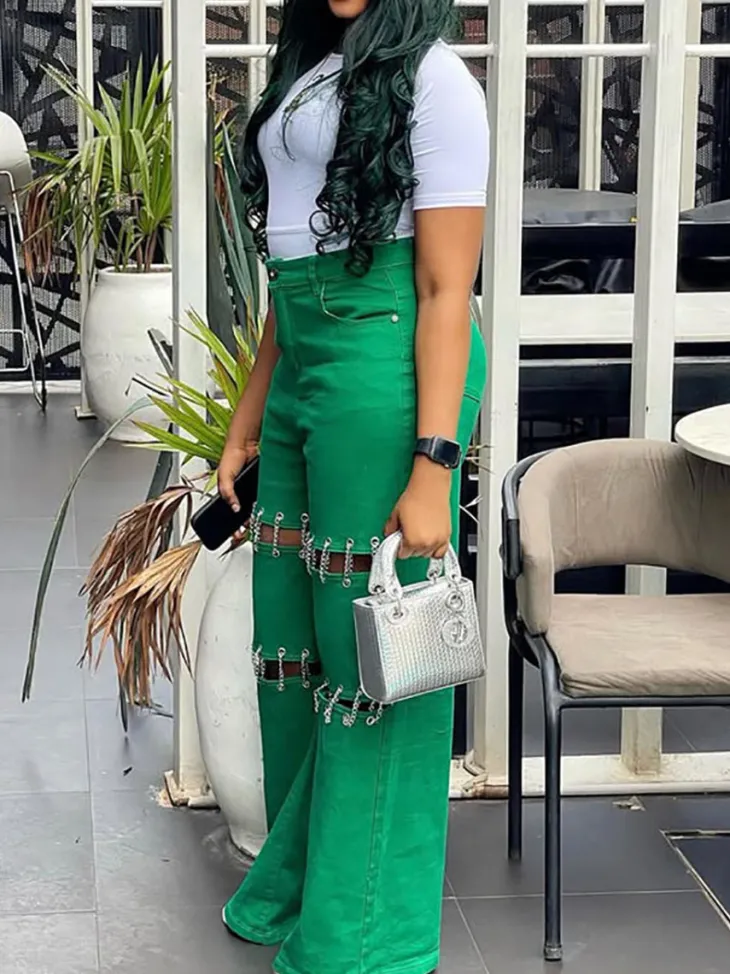 High Waist Distressed Chain Denim Pants
